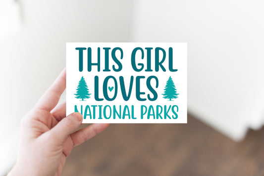 This Girl Loves National Parks Canvas Postcard - Green Text and Graphics on White Background